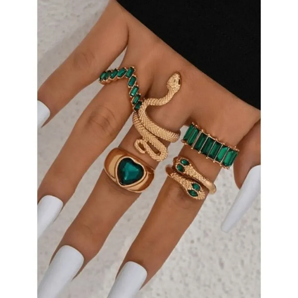 Gold Emerald Gothic Punk Snake Stackable Ring Set - 5 Piece - Picture 2 of 7
